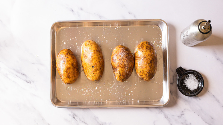 Potatoes on tray.