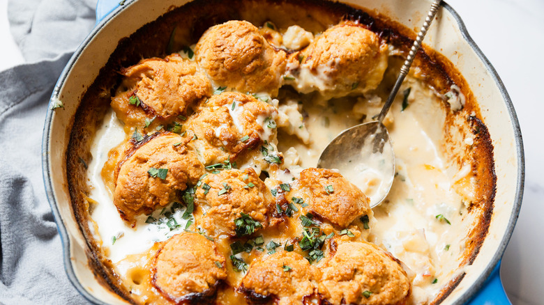 Close up of tarragon lobster pot pie with spoon