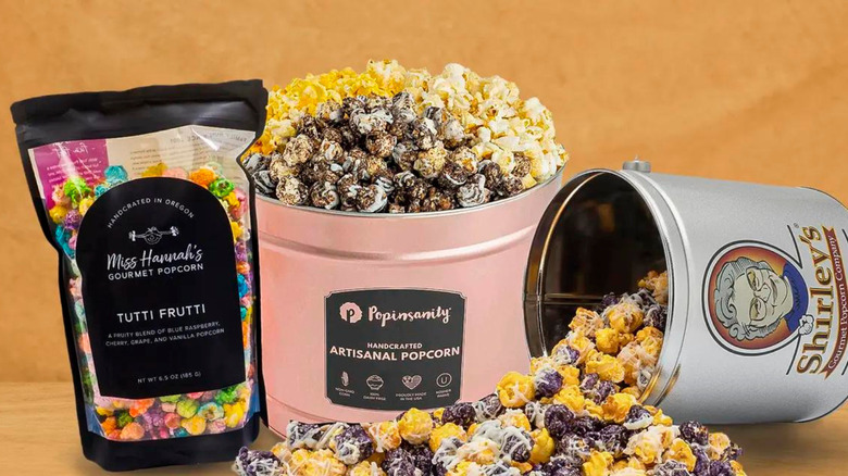 Bag and buckets with gourmet popcorn