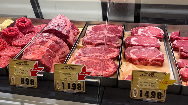 Fresh cuts of beef at a butcher