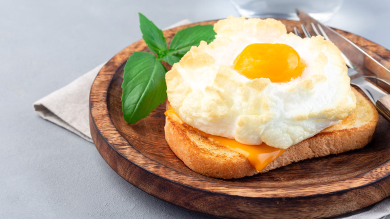 Cloud egg on toast on plate 