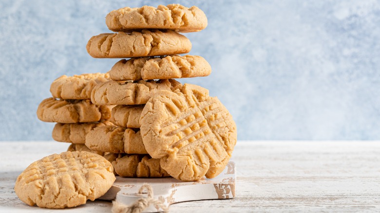 peanut butter cookies stack on wooden board