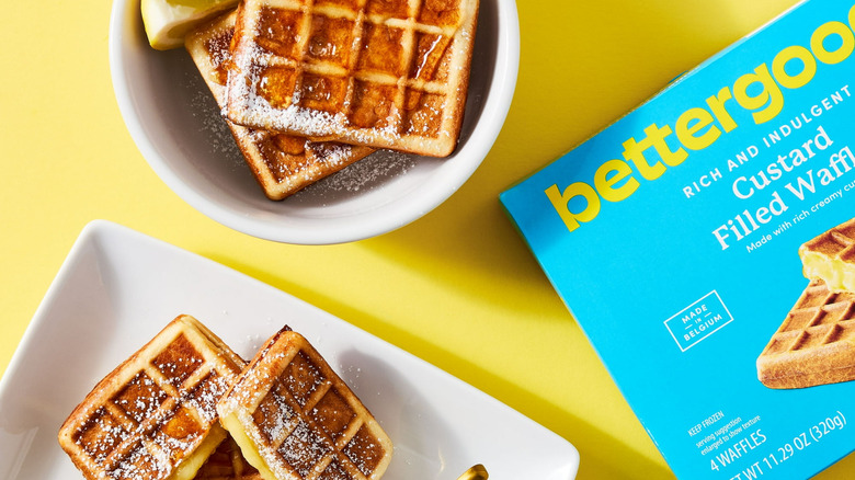 bettergoods custard filled waffles in a box and on a plate