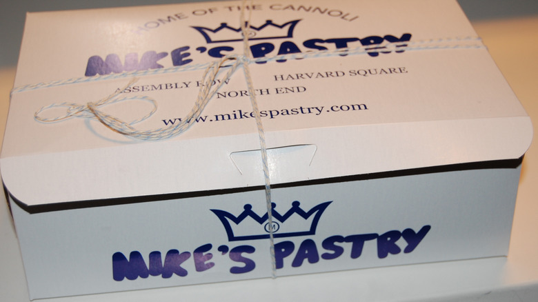 A closed box from Mike's Pastry