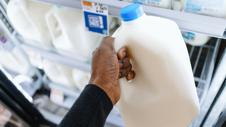 Person holding a jug of milk