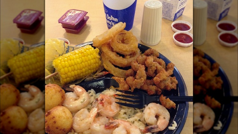 Long John Silver's meal with corn on the cob side