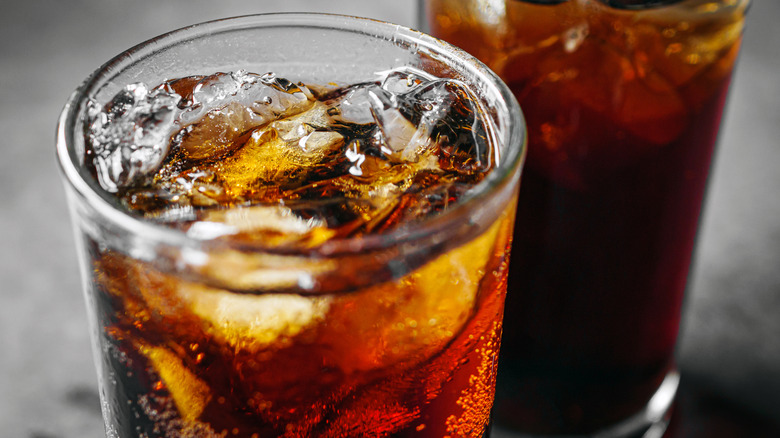 Close up of cola soft drink with ice cubes