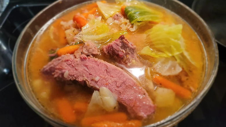 New England Boiled Dinner cooking in pot on stove