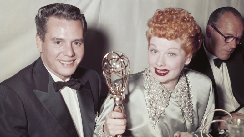 Lucille Ball holding an Emmy Award