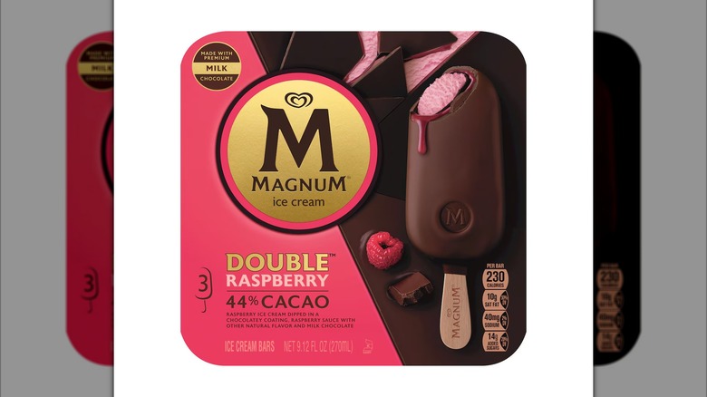 Box of Magnum brand Double Raspberry ice cream bars with magenta and dark brown color scheme and product photo