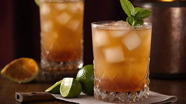Mai tai cocktails in glass next to limes