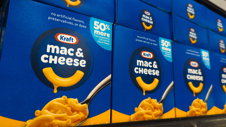 Kraft Mac and Cheese boxes from 2025 on grocery store shelf