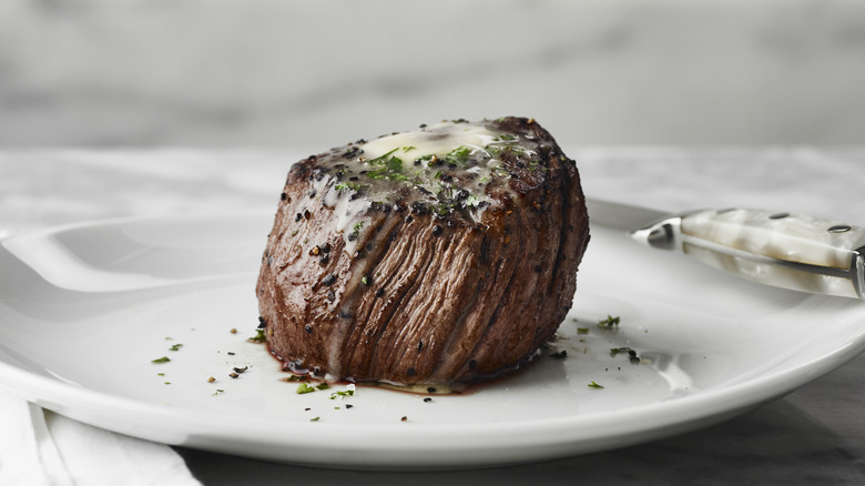 Fleming's Steakhouse filet mignon on a white plate