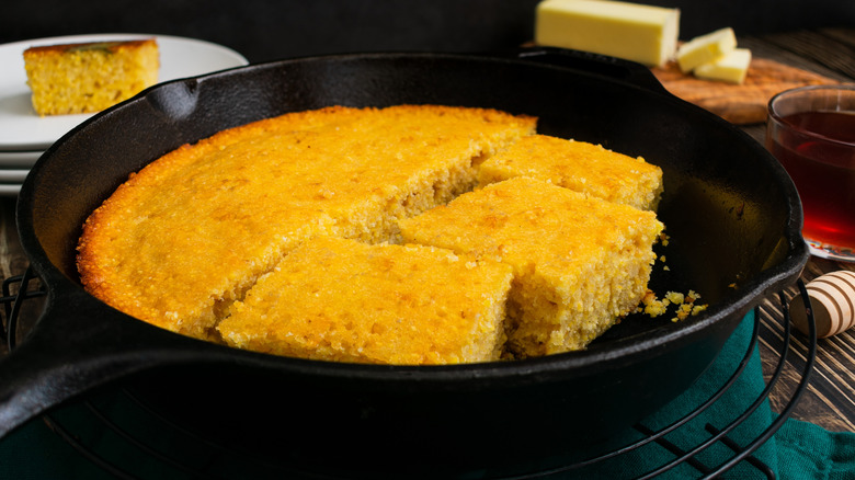 homemade cornbread in cast-iron skillet