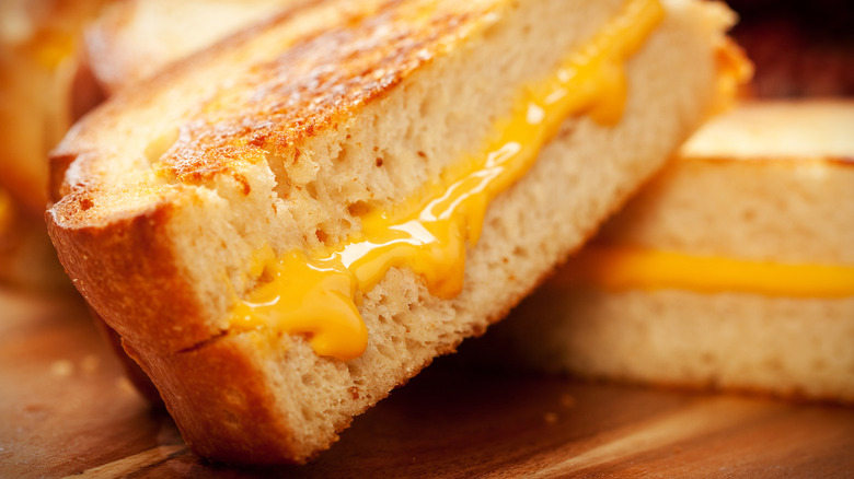 Close-up of a slice of a grilled cheese sandwich