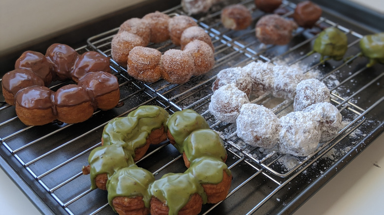 Mochi donuts on a cooling rack
