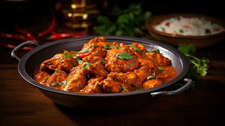 Garnished butter chicken black pot