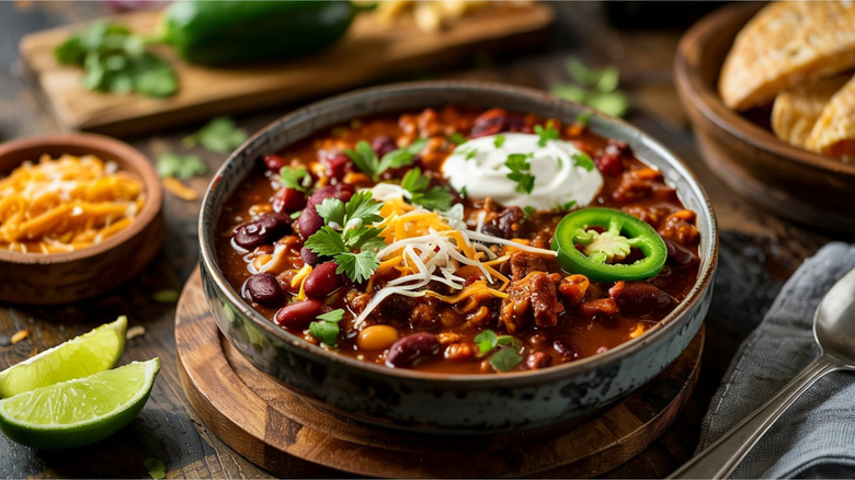 bowl of chili with jalapeños cilantro cheese and sour cream