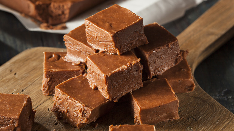 chocolate fudge on a wood board
