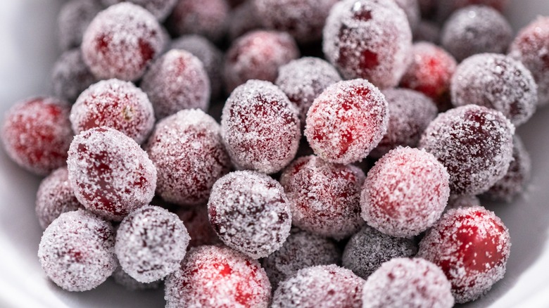 Close-up of sugared cranberries in bowl 