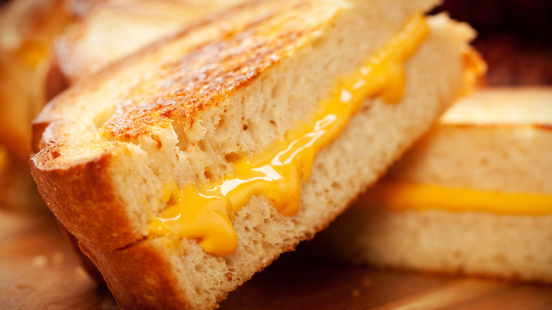 Close up on half a grilled cheese sandwich with melty, orange cheese oozing out