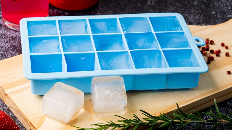 A blue ice cube tray with ice and herbs