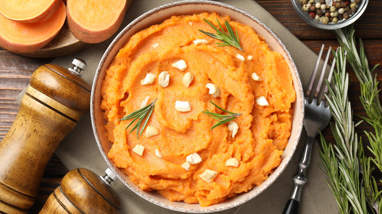 A bowl of mashed sweet potatoes