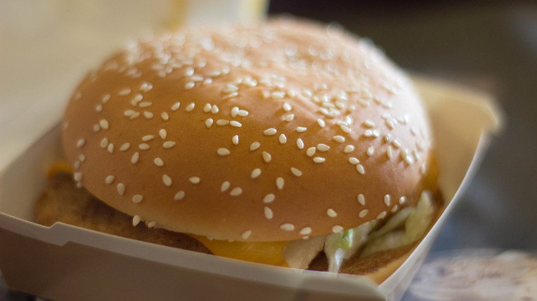 A close up of McChicken sandwich with sesame seed bun
