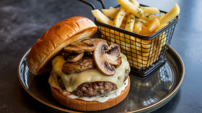 open-faced burger with braised button mushrooms