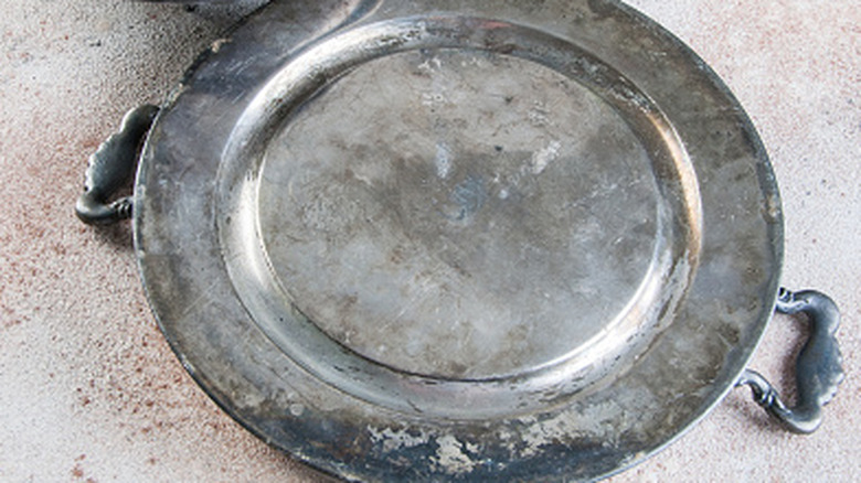 Tarnished pewter chafing dish