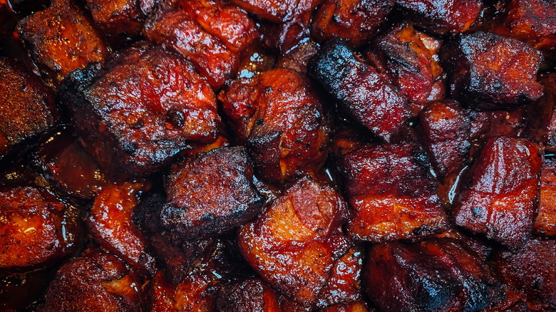 Close-up of pork belly burnt ends