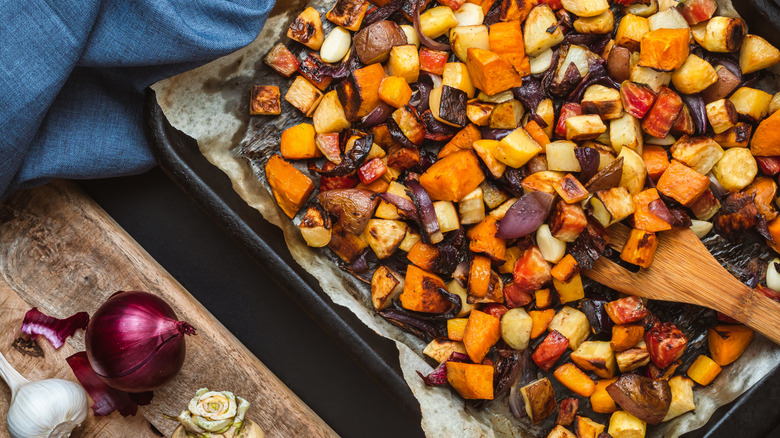 Roasted vegetables on a baking sheet