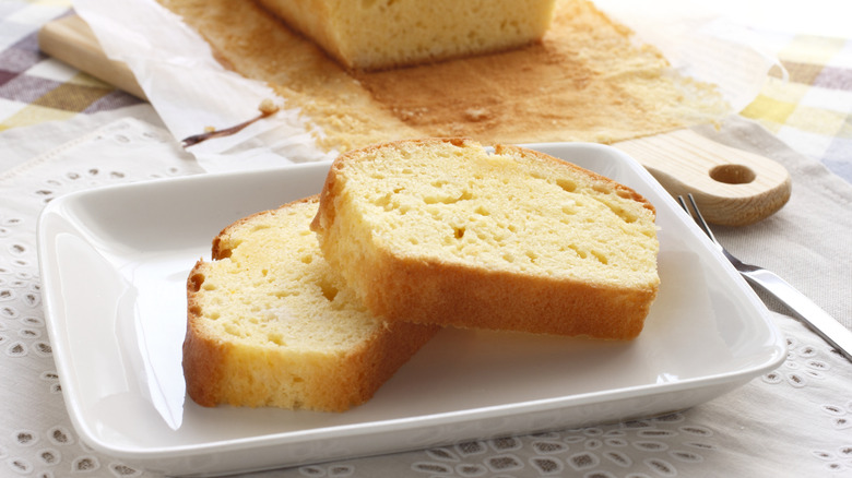 Two slices of pound cake on a plate