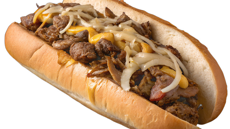Cheesesteak with seam intact on white background