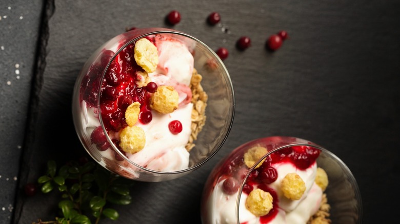 lingonberries with mousse in dessert cup