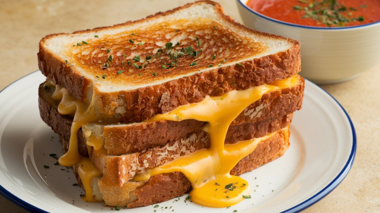 Two grilled cheese sandwiches with cheese oozing out stacked on top of each other on plate next to bowl of tomato soup