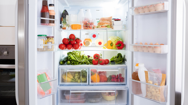 view from inside of a fridge with meats at the bottom and condiments in the door