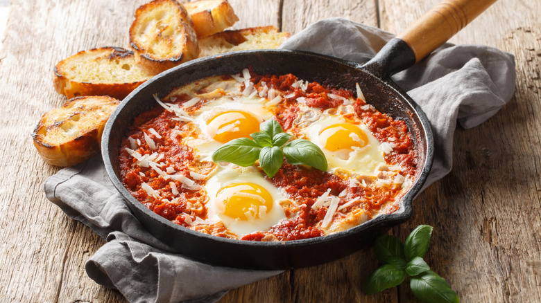 skillet of eggs alla pizzaiola on wooden table