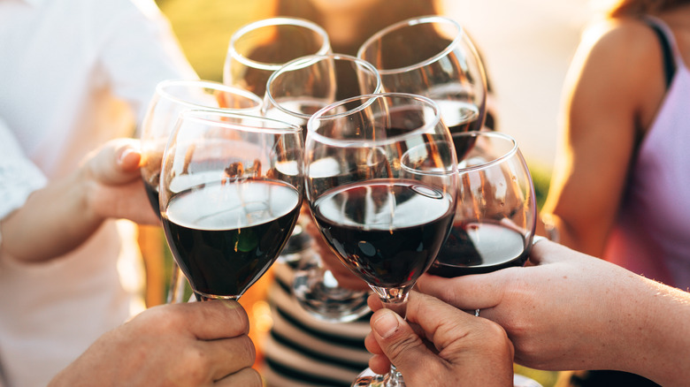 Group of seven people toasting glasses of red wine