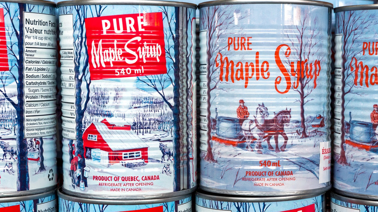 Cans of maple syrup from Quebec, Canada.