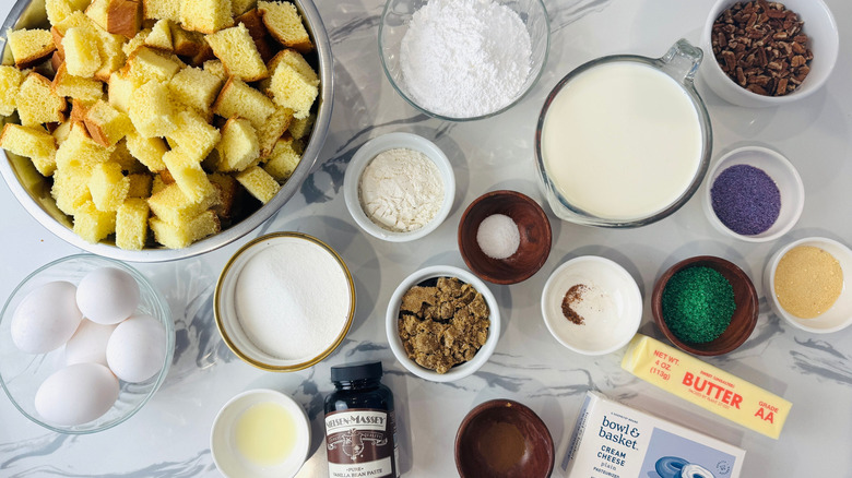 Ingredients for king cake bread pudding