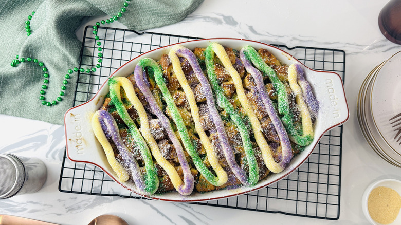 King cake bread pudding with colorful glaze