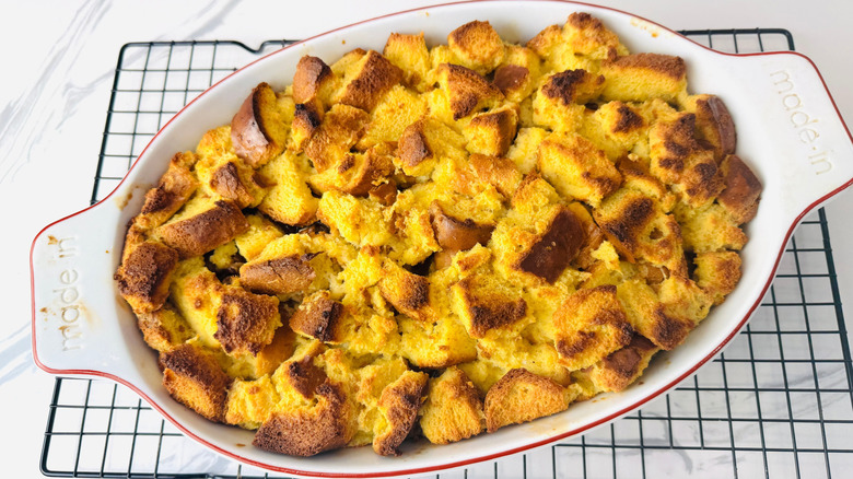 Baked bread pudding in baking dish