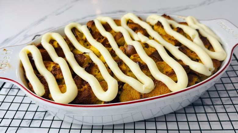 Bread pudding with piped glaze on top