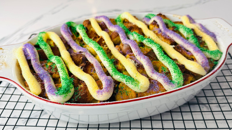 Bread pudding with colorful piped glaze on top