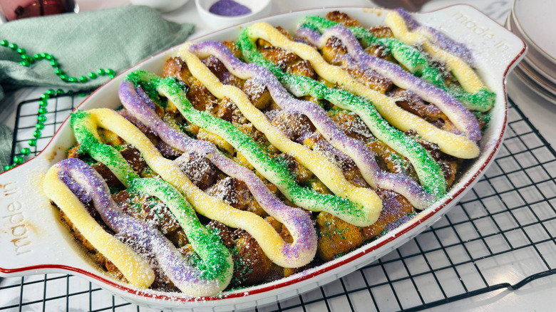 Mardi Gras king cake bread pudding in baking dish