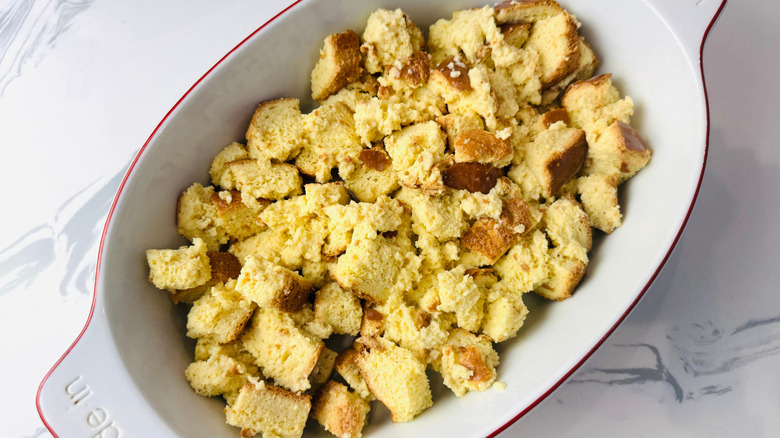 Bread cubes in baking dish