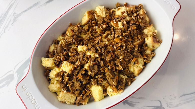 Bread pudding with cinnamon pecan mixture on top