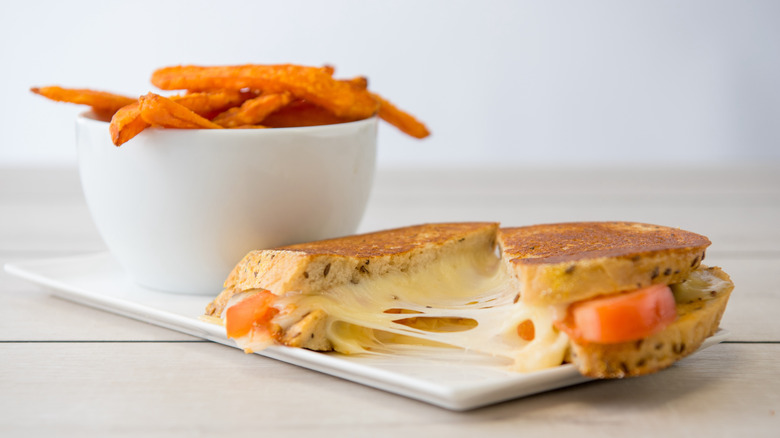 Grilled cheese on rye with tomatoes and a side of fries