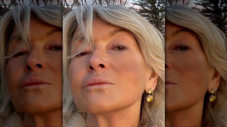 Martha Stewart pursing lips at camera, yellow earrings